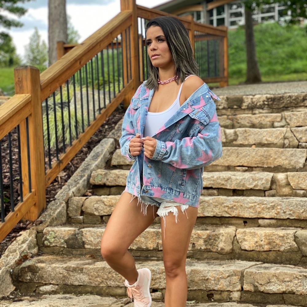 Denim jacket with pink star print (oversized)